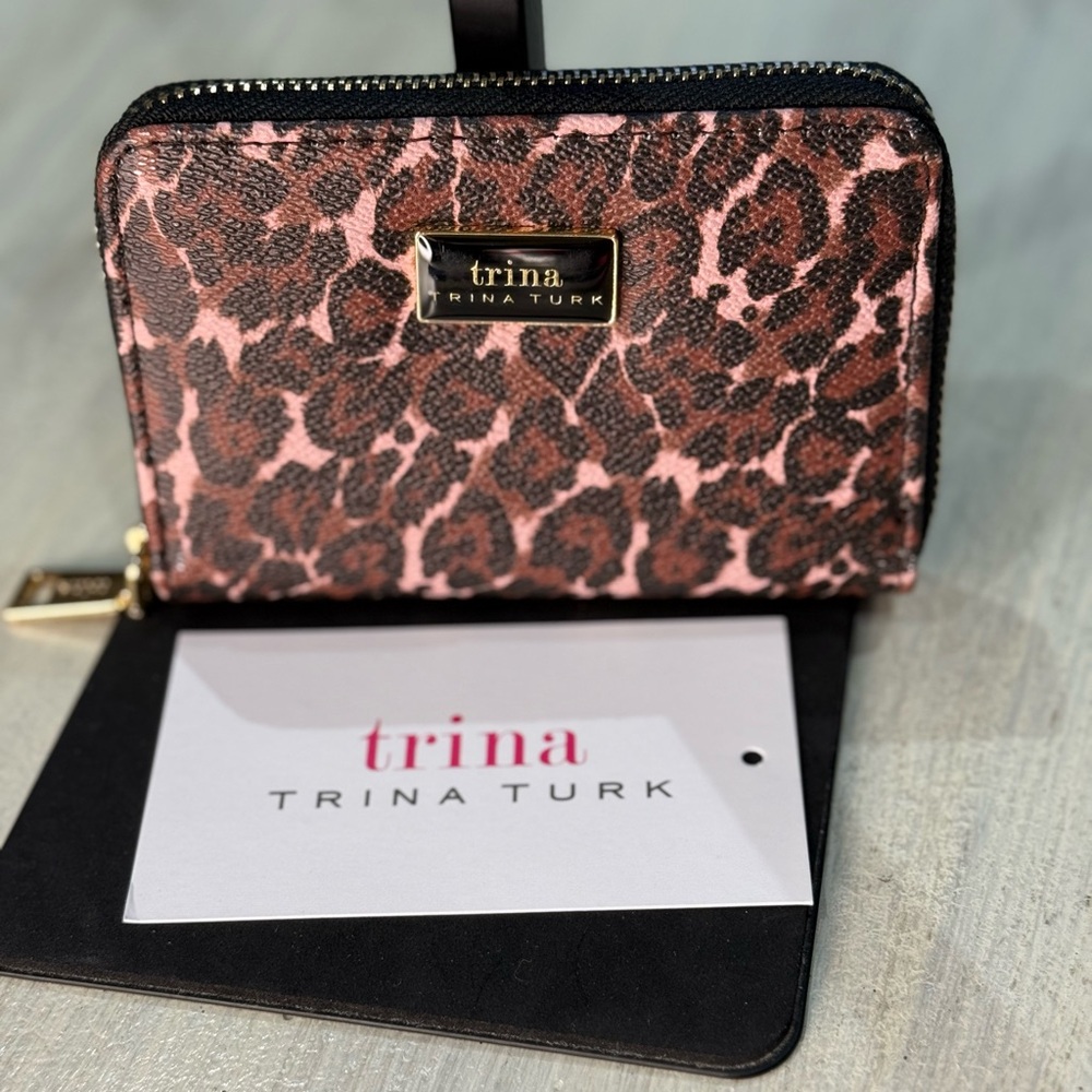 Trina Turk Pink and Brown Leopard Zip-Around Wallet
